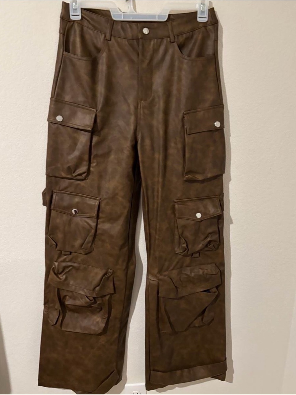 New Sz XL Weekend Warrior Wide Leg Washed Pu Leather Cargo Pant - Brown - Picture 4 of 10
